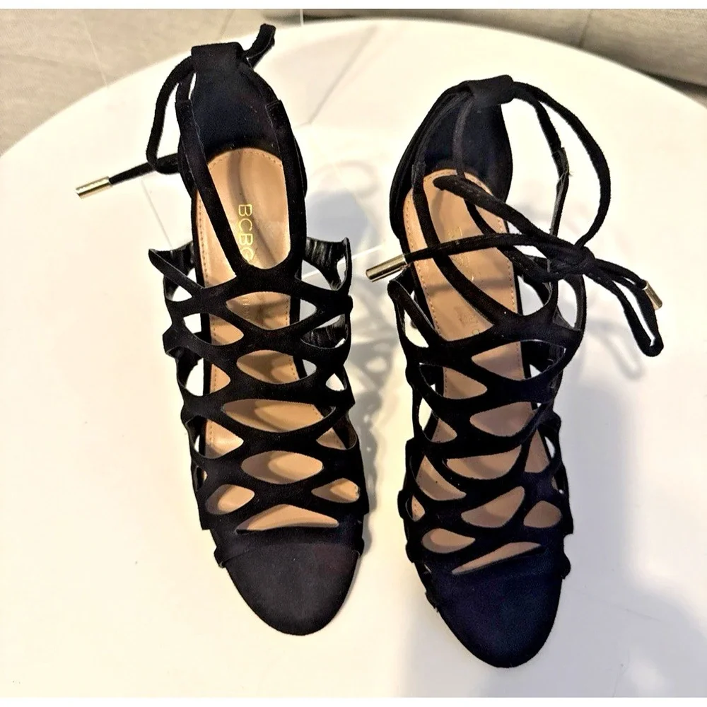 BCBGeneration Faux Suede Black Cutout Strappy Stiletto Heels